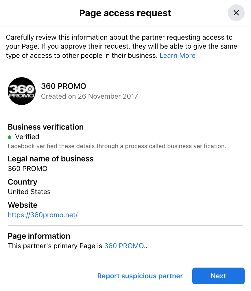 Facebook Business Manager Page Access Request